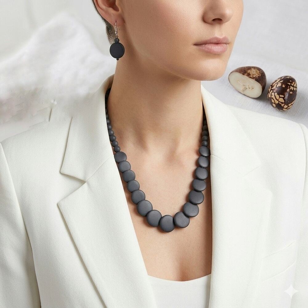Mid Century Style Circles Black Tagua Nut Necklace Nature Eco Jewelry